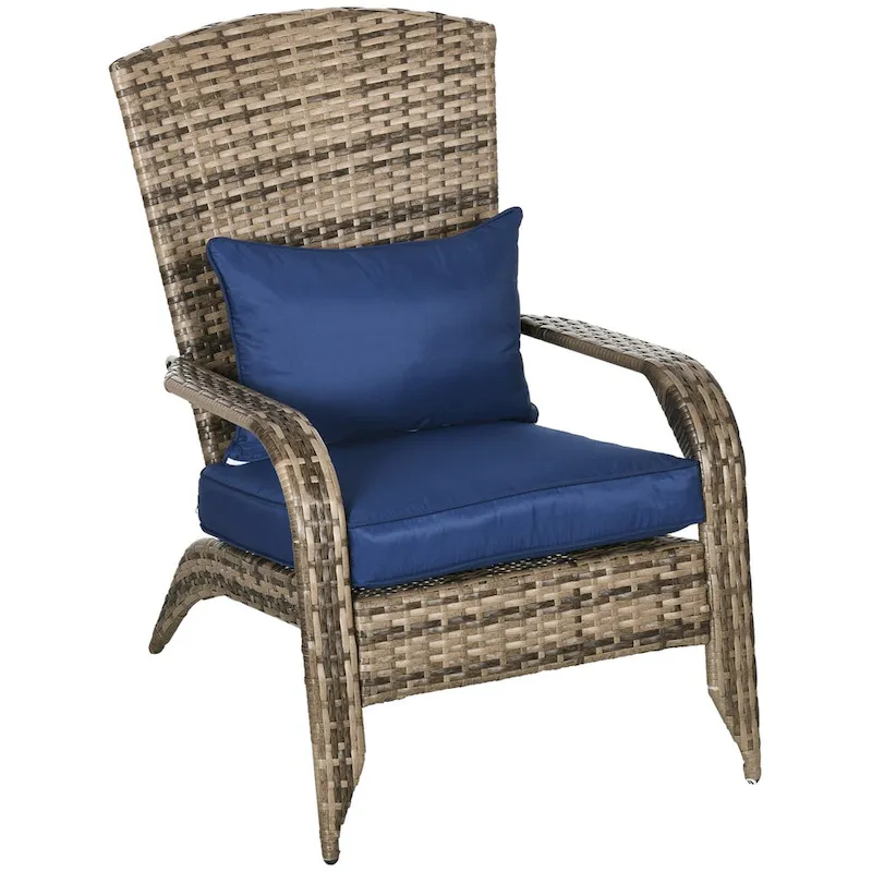 Patio Wicker Adirondack Chair, All-Weather Rattan Fire Pit Chair Soft Cushions, Tall Curved Backrest and Armrests