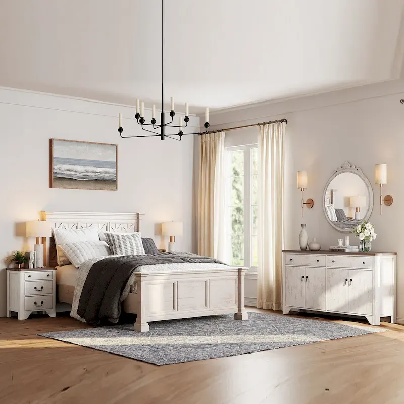 WAMPAT Farmhouse 3PCS Bedroom Set, 59 W Large Sideboard Buffet Cabinet,and Wood Nightstands Set of 2 with Charging Station