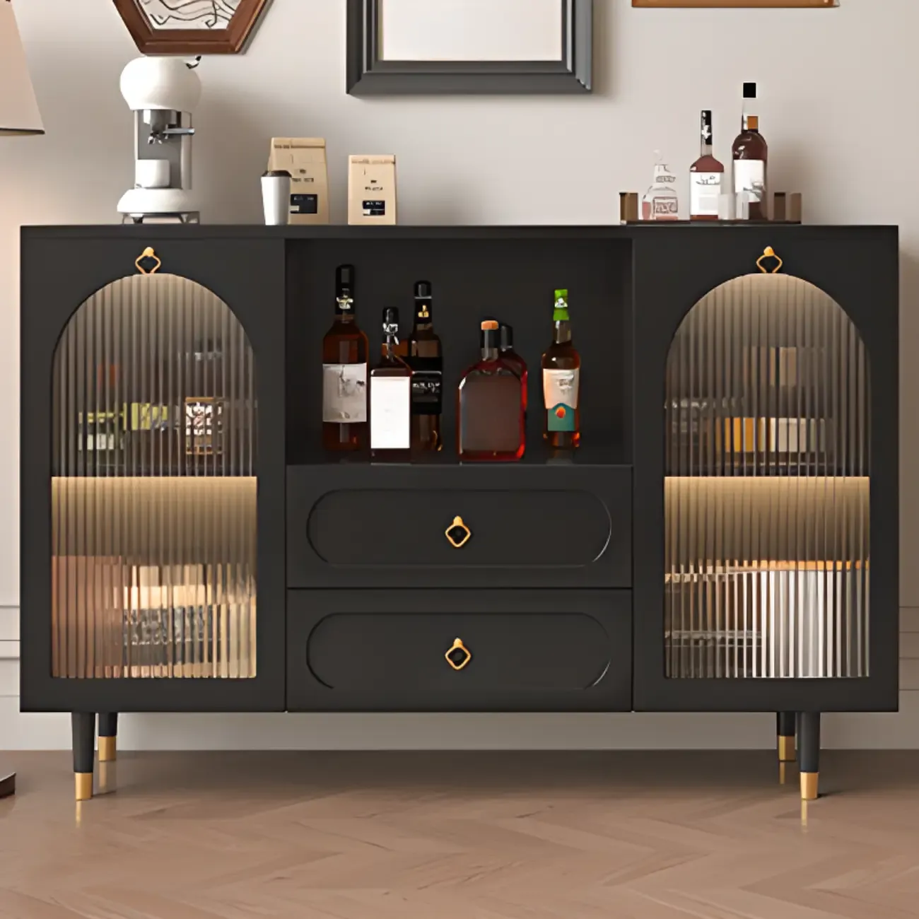 Glam Black Engineered Wood Sideboard with Drawers