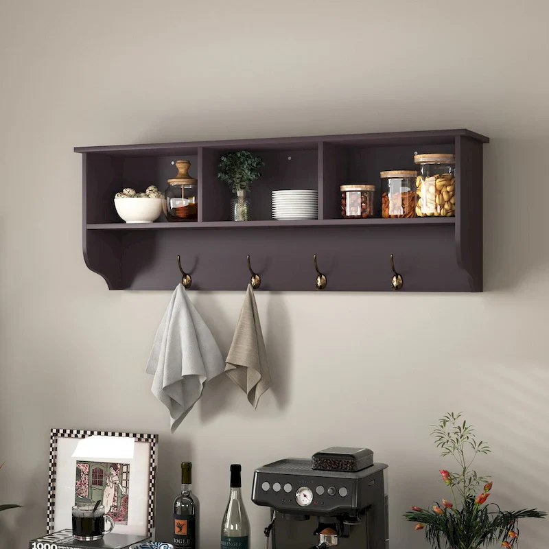Wall Mounted Coat Rack with 4 Dual Hooks and Wooden Shelf