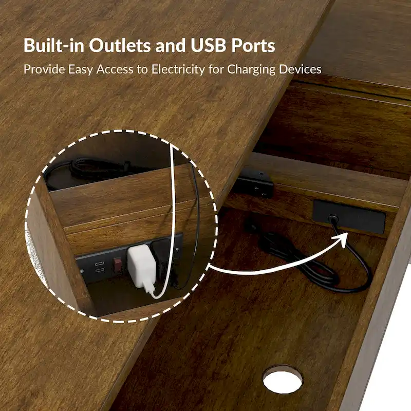 Alfons Industrial L-shaped Lift Top Cane Executive Office Desk with Drawers and Built-In Outlets