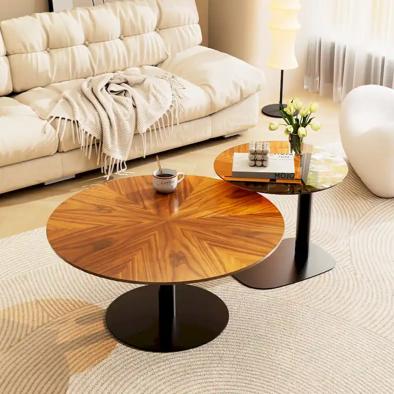 Set of 2 Modern Stacking Round Coffee Table Side Table Set with Slate Glass Top