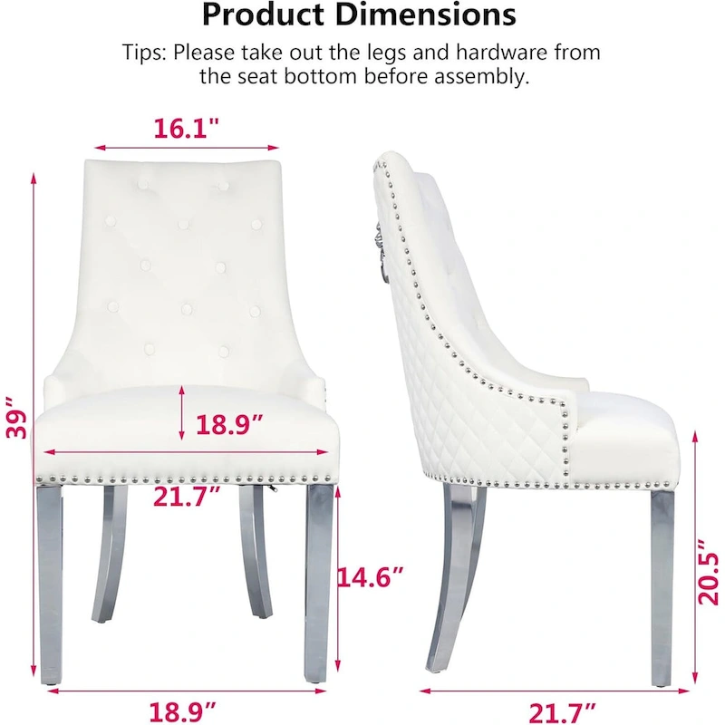 Velvet Dining Chairs Set of 2, Upholstered Tufted Nailhead Dining Room Chairs with Stainless Steel Legs & Lion Head Pull Ring