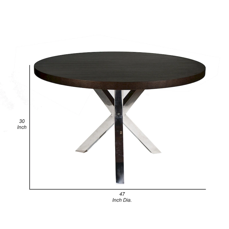 Emi 47 Inch Round Dining Table, X- Cross Brushed Steel, Dark Brown Wood