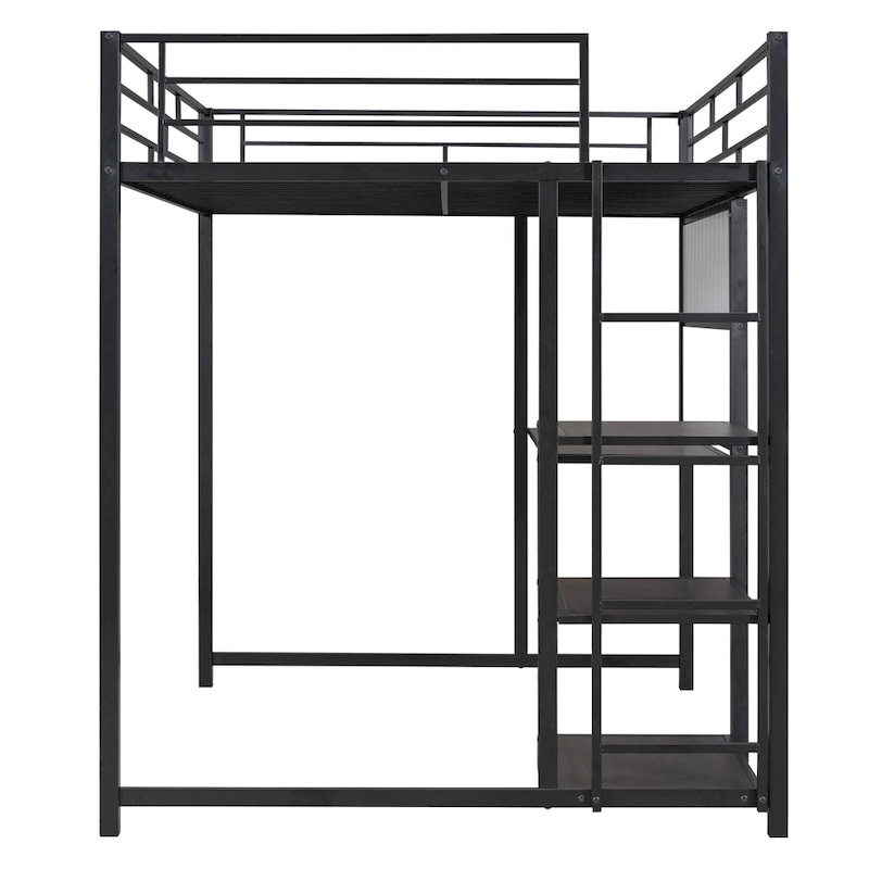 Metal Loft Bed with 3 Shelves and Ladder