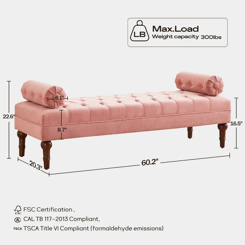 Velvet Bedroom Bench Pink/ Beige/ Blue/ Gray Upholstered Bench with Button-Tufted 60.2.