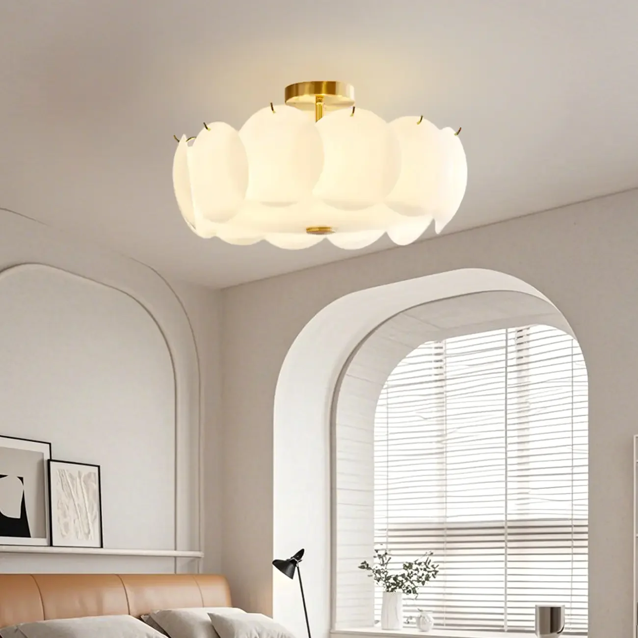 White Circle Glass Gold Semi Flush Mount Ceiling Light