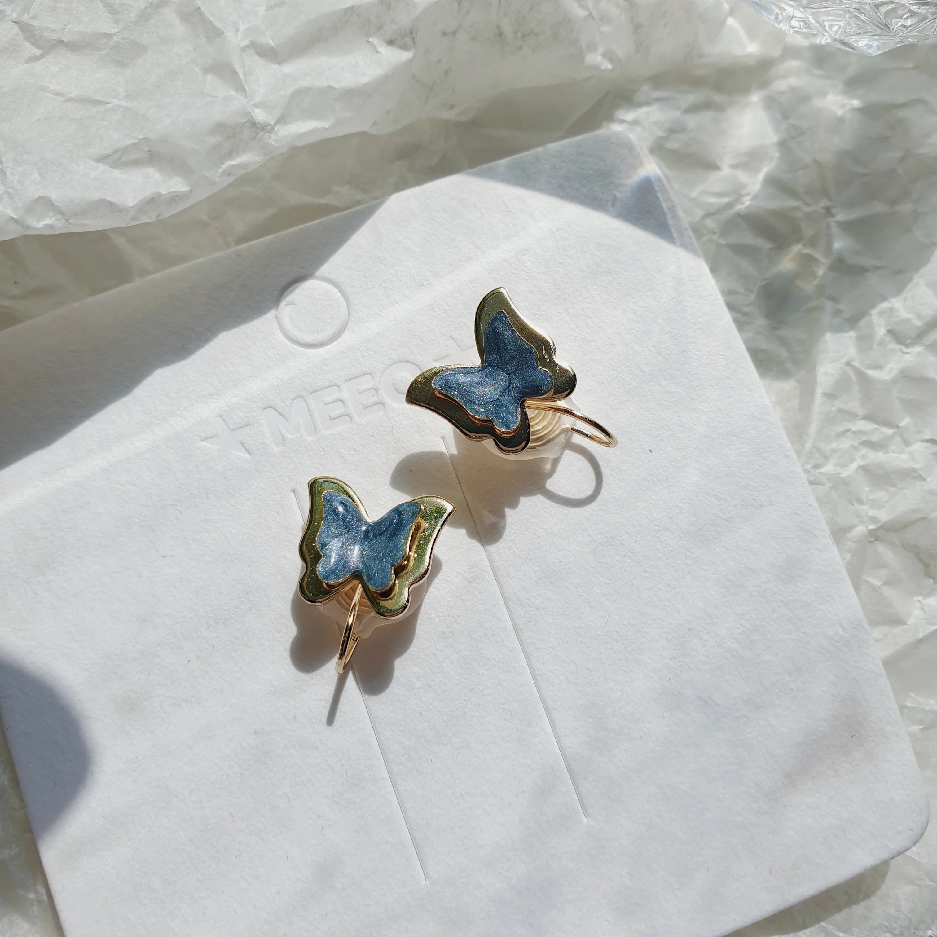 Luninana Clip-on Earrings -  Blue Marble Double Layer Butterly Earrings LL013