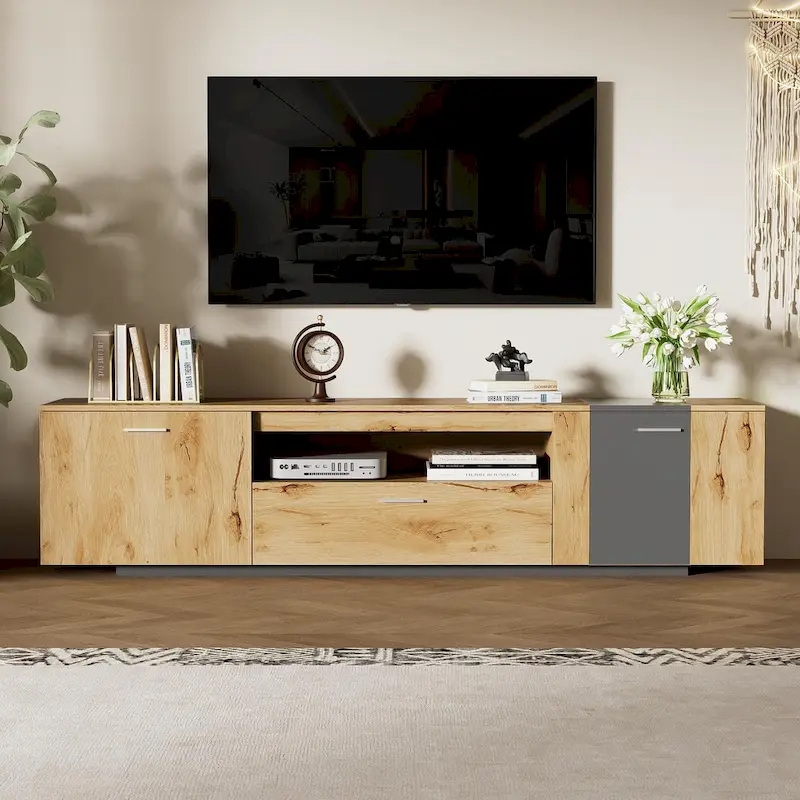 Grey,Natural Wood 70.86 TV Stand with 3 Cabinets & Drawer for TVs Up to 80