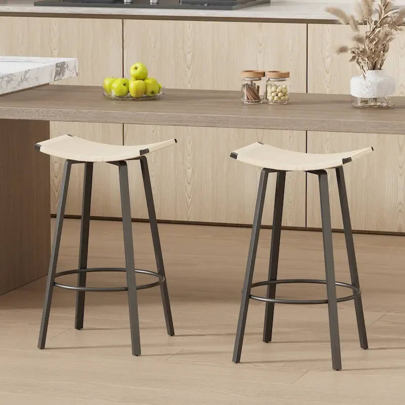 Counter Height Bar Stools, Backless Handwoven Kitchen Dining Chairs with Round Footrest Set of 2 PVC Weaving Pub Stool