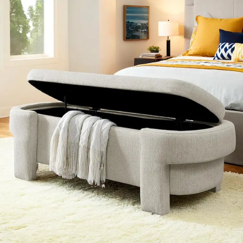 Beige Linen Upholstered Storage Bench with Turned Legs