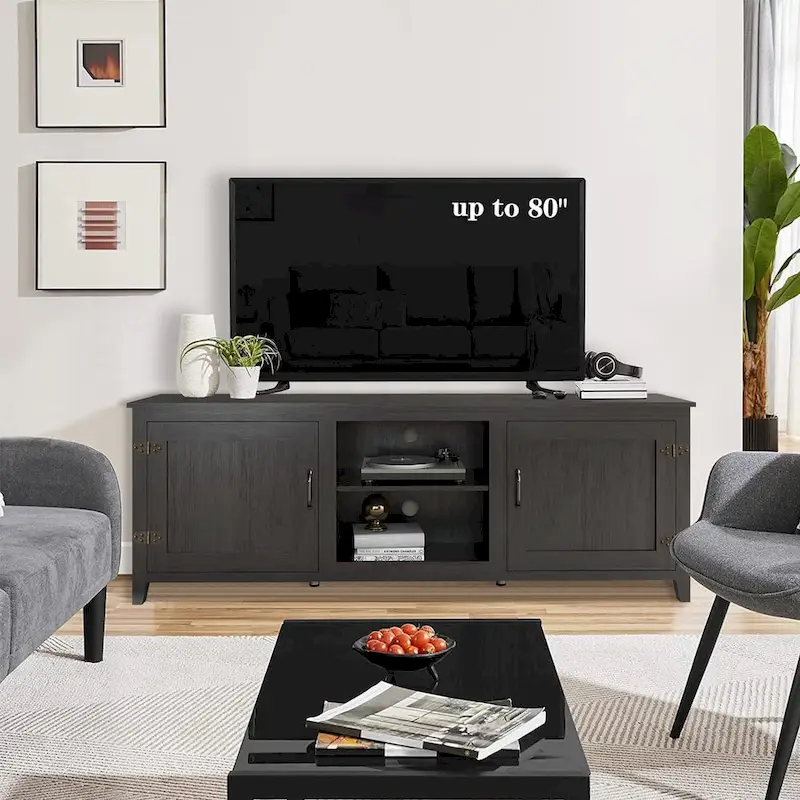 70 inch Modern TV Cabinet with Shelves, Media Entertainment Center with Doors-Black - M