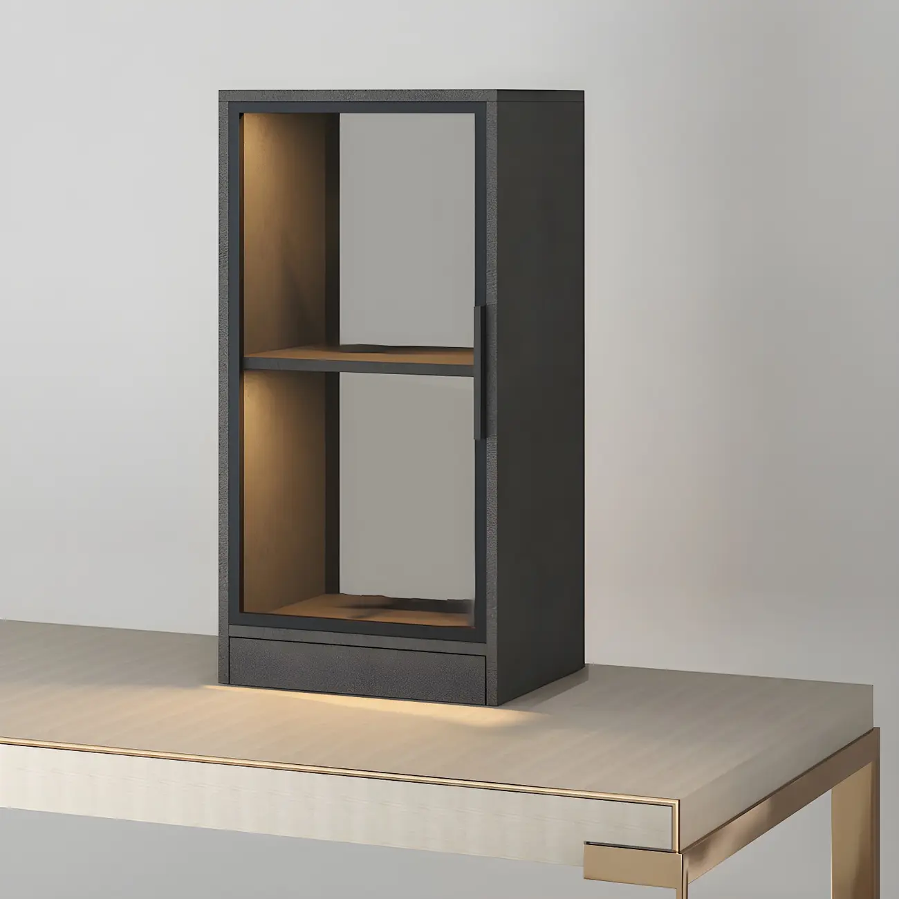Square 2-Shelf Black Wooden Display Cabinet with Light