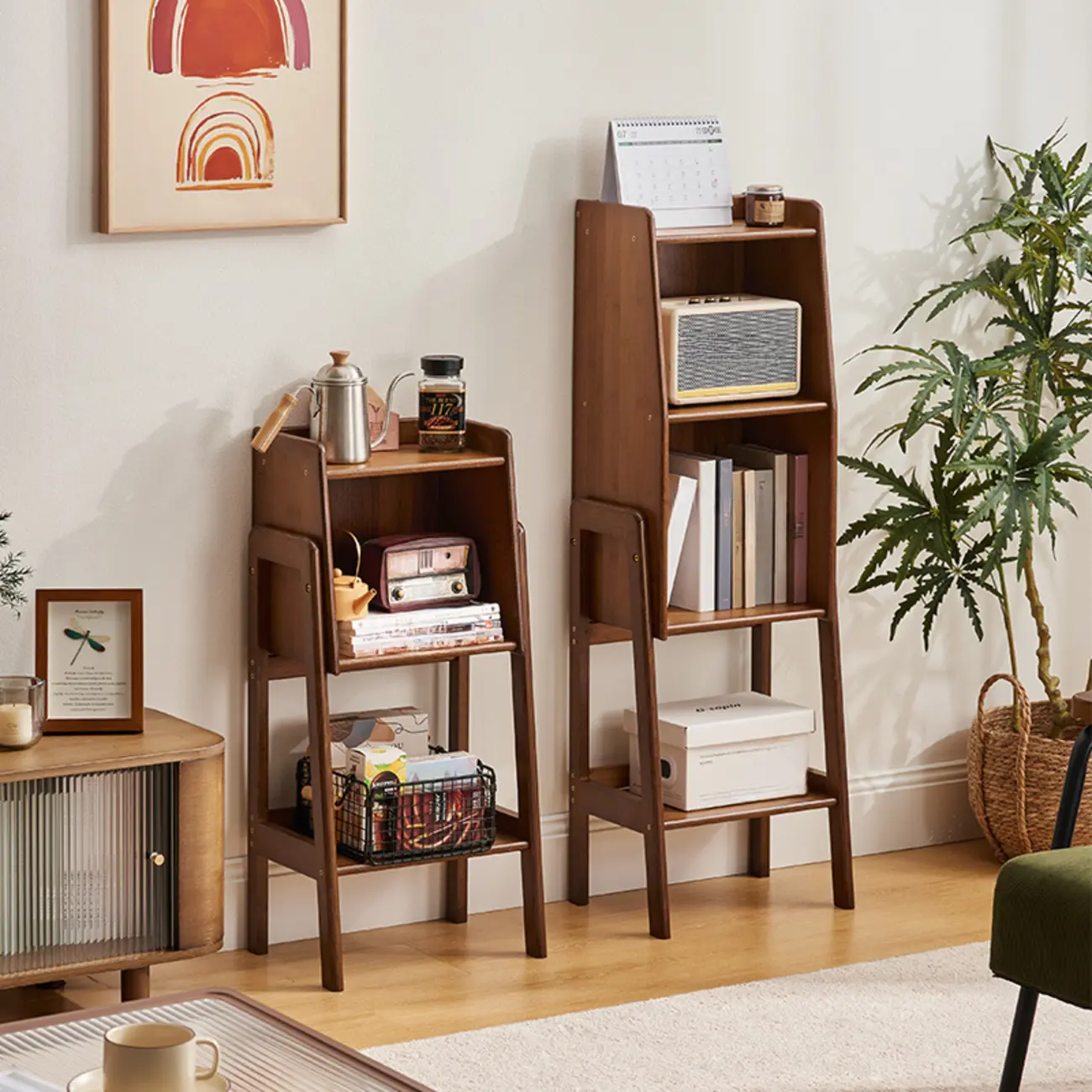 Scandinavian Narrow Brown Wood Multi-Tier Ladder Bookcase