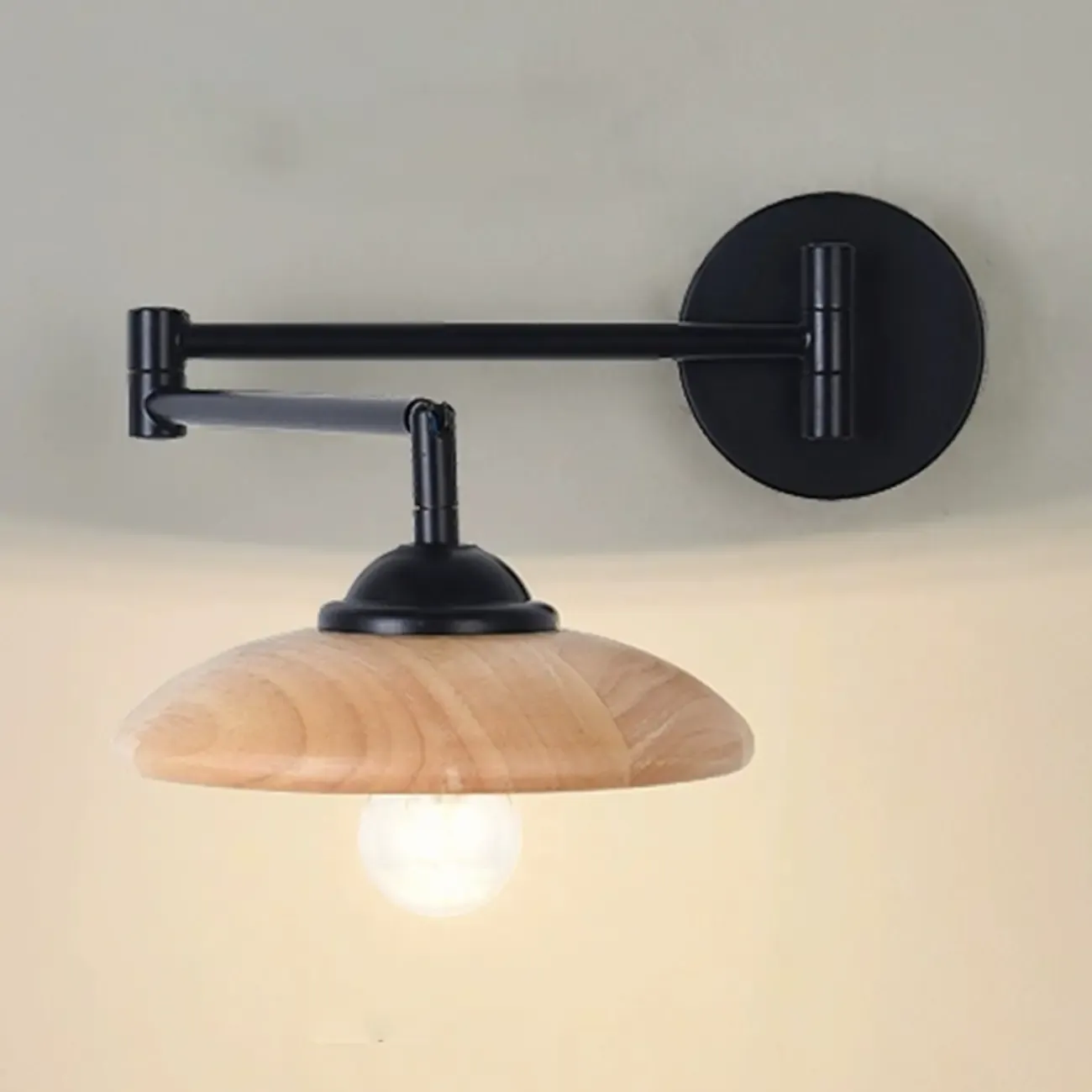 18 Small Bedside Swing Arm Wall Light with Wooden Shade