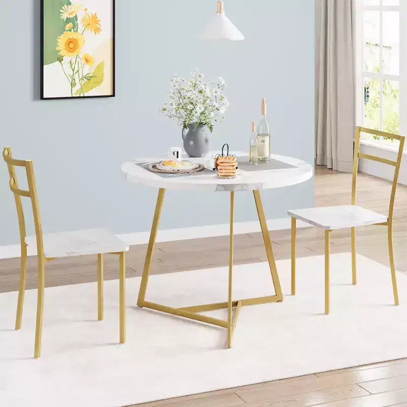 Round Dining Table Set, White, 3-Piece, Seats 2