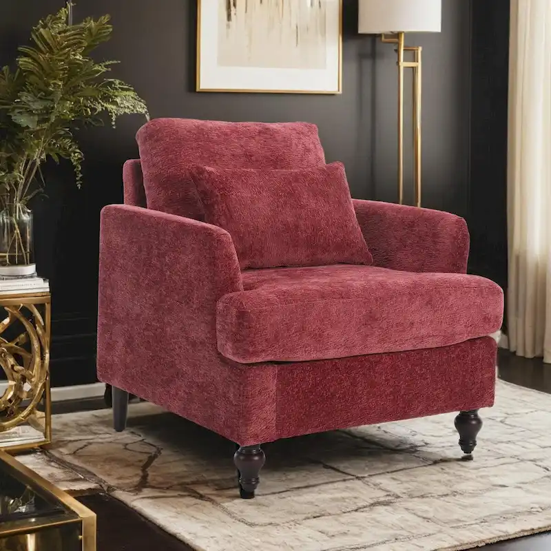 Chenille Single Sofa Chair, Upholstered Accent Chair with Soft Pillow, Mid Century Modern Reading Armchair