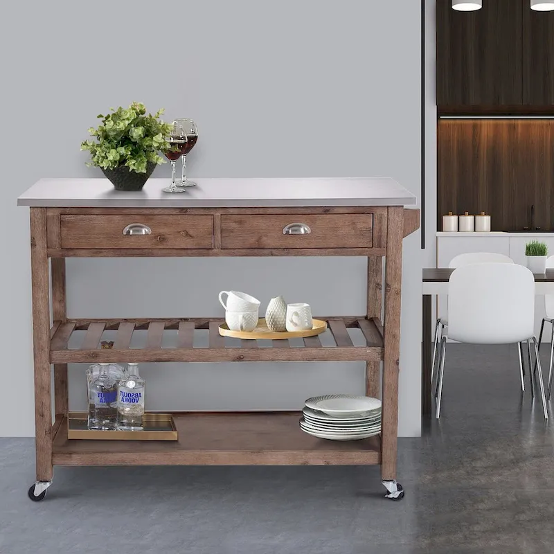 2 Drawers Wooden Kitchen Cart with Metal Top and Casters, Gray and Brown