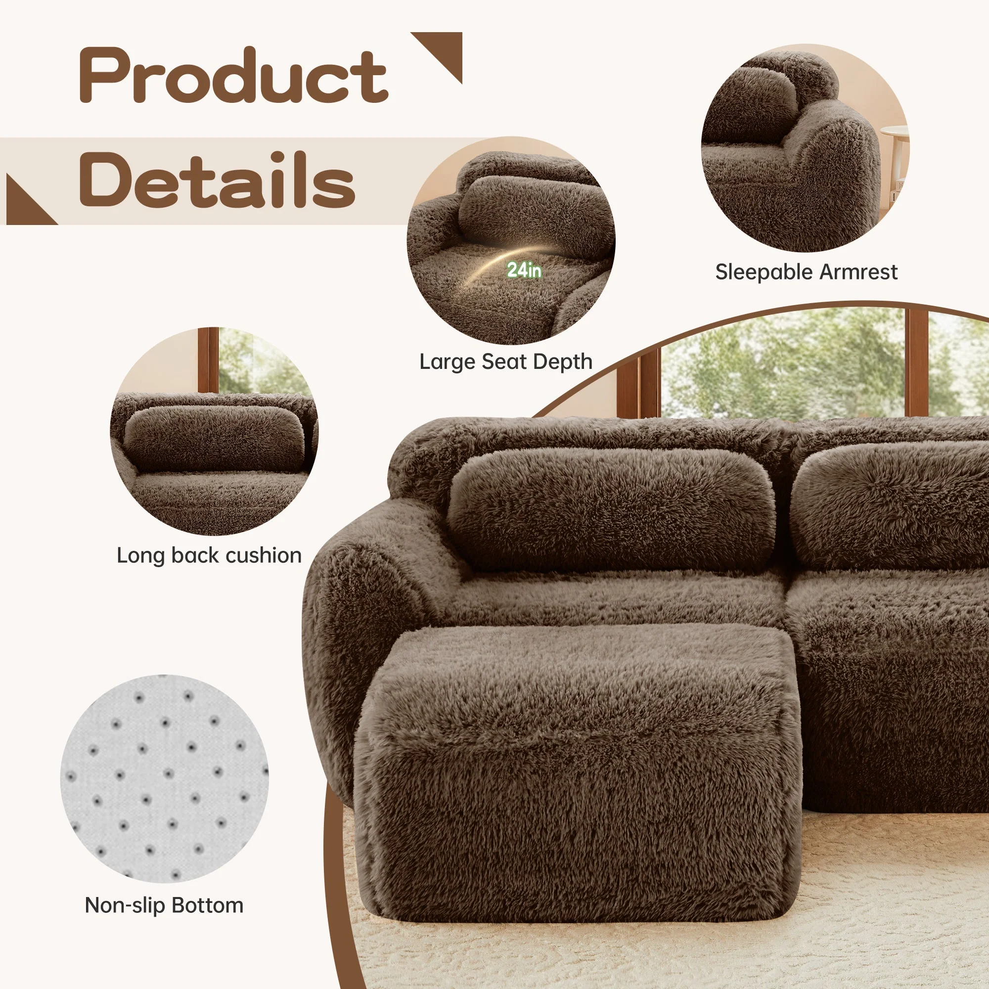 Soft Teddy Plush Ergonomic Design L-shaped Loveseat Sofa with Ottoman