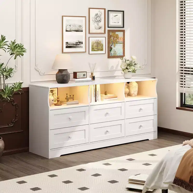 6-Drawer Dresser with RGB Lights & Power Outlet, Black / Gray / White