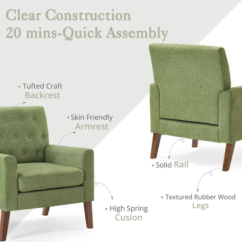 LUE BONA Linen Accent Chair Comfy Living Room Chair with Arms Upholstered Button Tufted Armchair Modern Arm Chairs Set Of 2