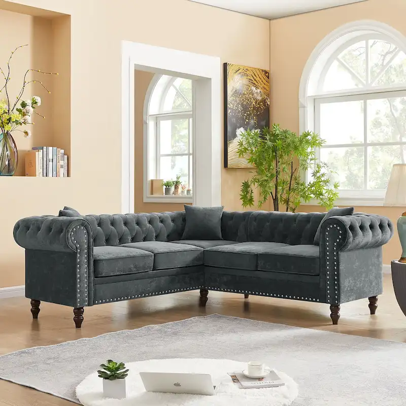 Deep Button Rolled Arm Classic Chesterfield L Shaped Sectional Sofa
