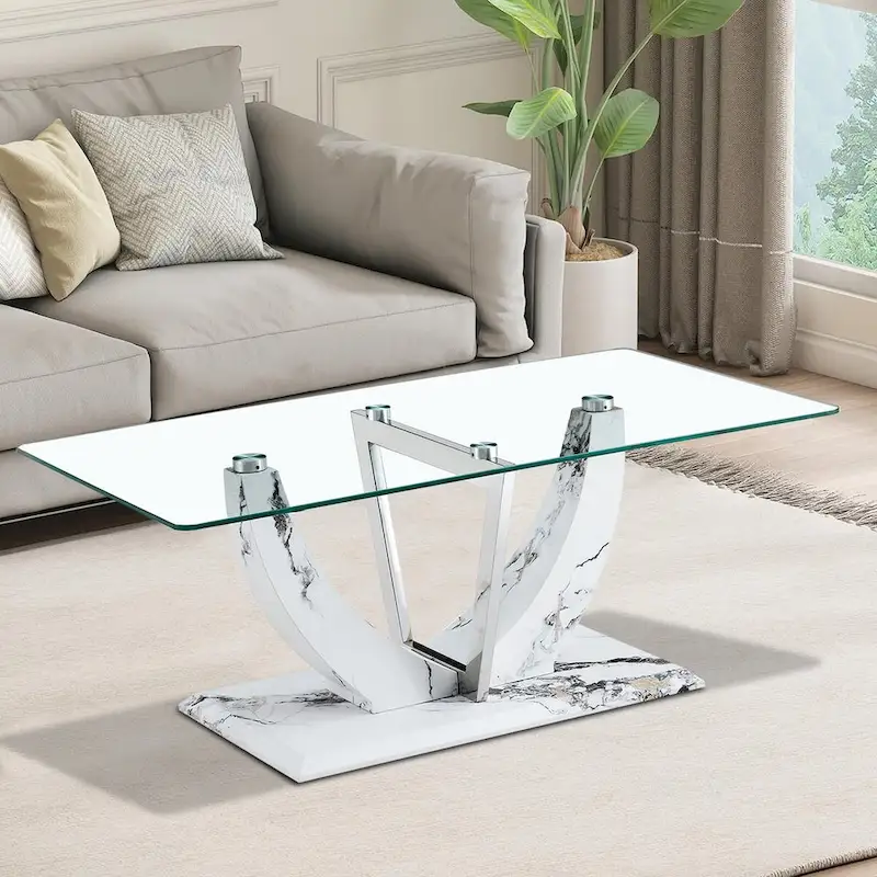 Modern Stylish Rectangular Coffee Table with Glass Top and Wooden Base