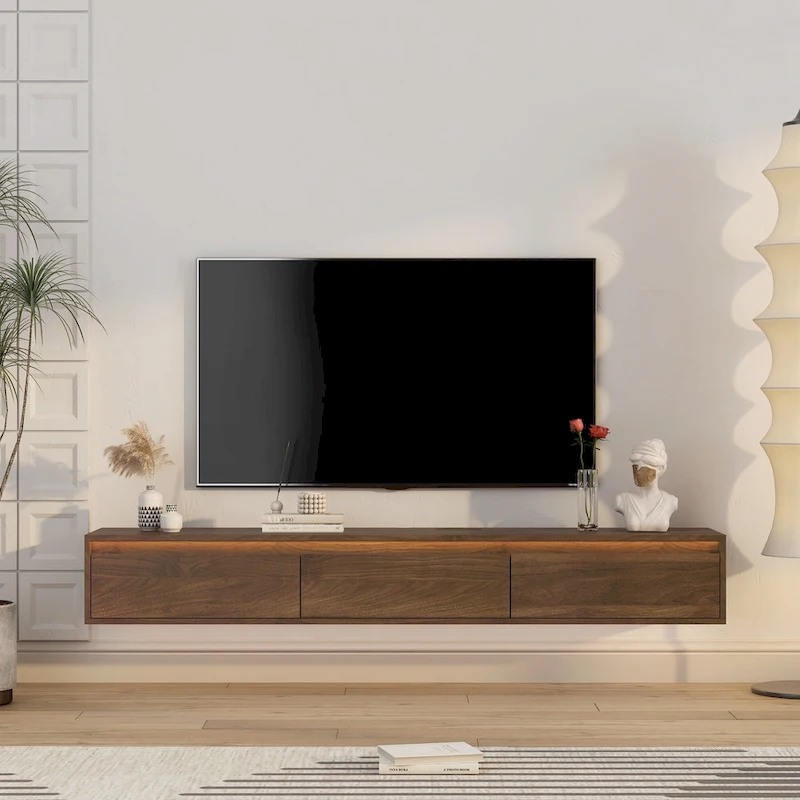 Floating TV Stand, Wall Mounted TV Shelf with Led Lights & Power Outlet,High Gloss TV Cabinet for Wood tv Stands for Living Room