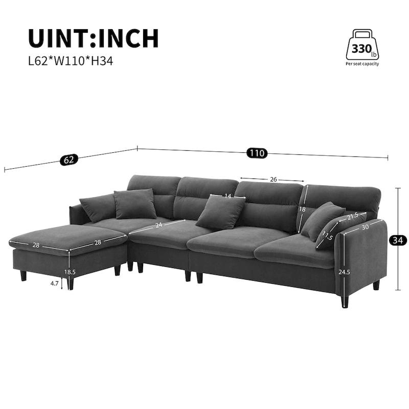 110  Modern L-Shaped Convertible 5-Seat Sectional Sofa with Removable Ottoman and 5 Cushions, Plush Chenille Fabric