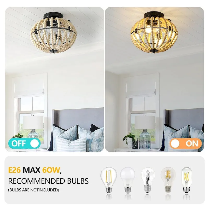 Modern Wooden Beaded Fan Light with Remote, Oak White