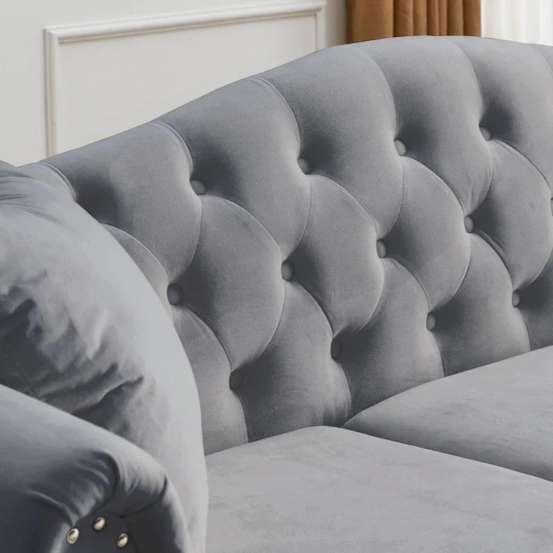 79 Chesterfield Sofa Grey Velvet for Living Room, 3 Seater Sofa Tufted Couch with Rolled Arms and Nailhead