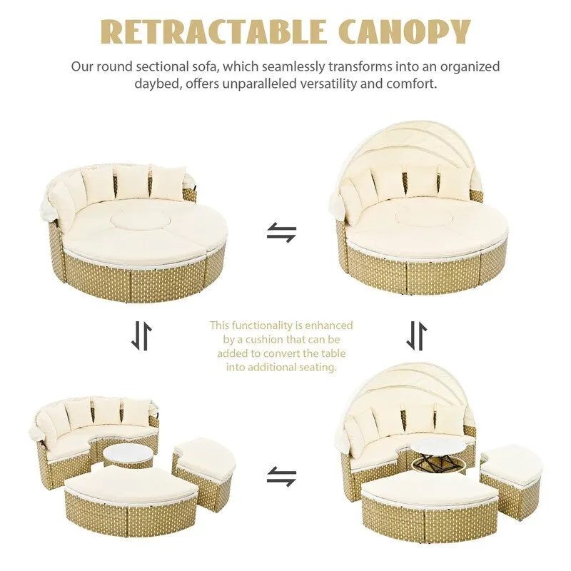 Round Patio Sectional Sofa Set  Two-Tone Rattan Daybed with Retractable Canopy & Modular Seating