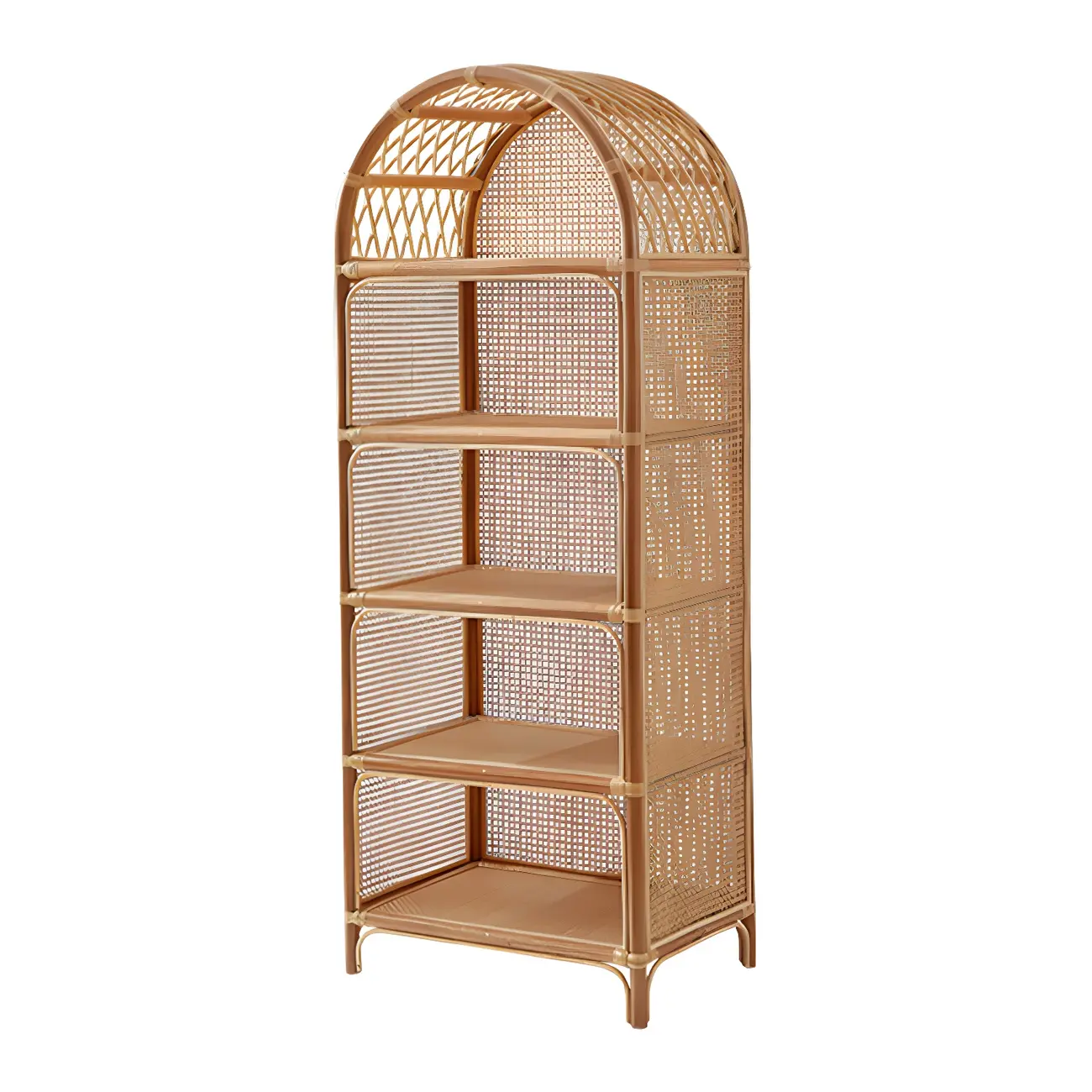 Light Wood Arch Rattan Bookshelf 5-Tier Bookcase