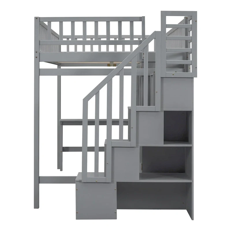 Full Loft Beds Stairway Loft Bed Frame with Wardrobe, Desk, Bookshelf and Drawers