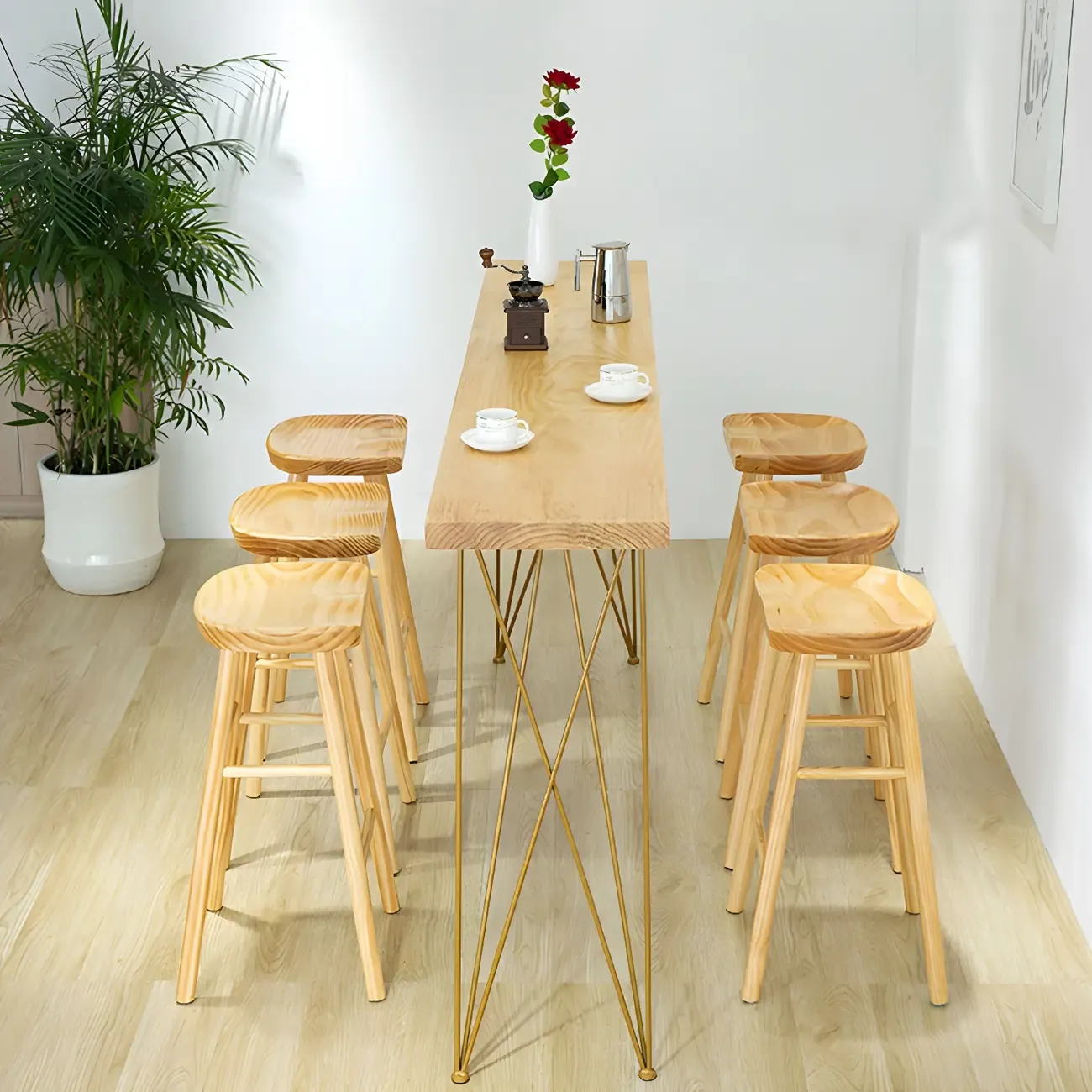 Elegant Long Bar Table with Wooden Stools