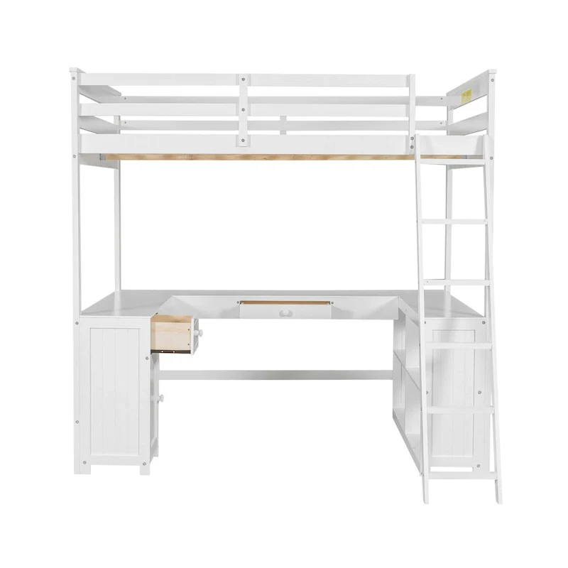White Full Size Solid Wood Loft Bed with Desk, Blackboard & Drawers