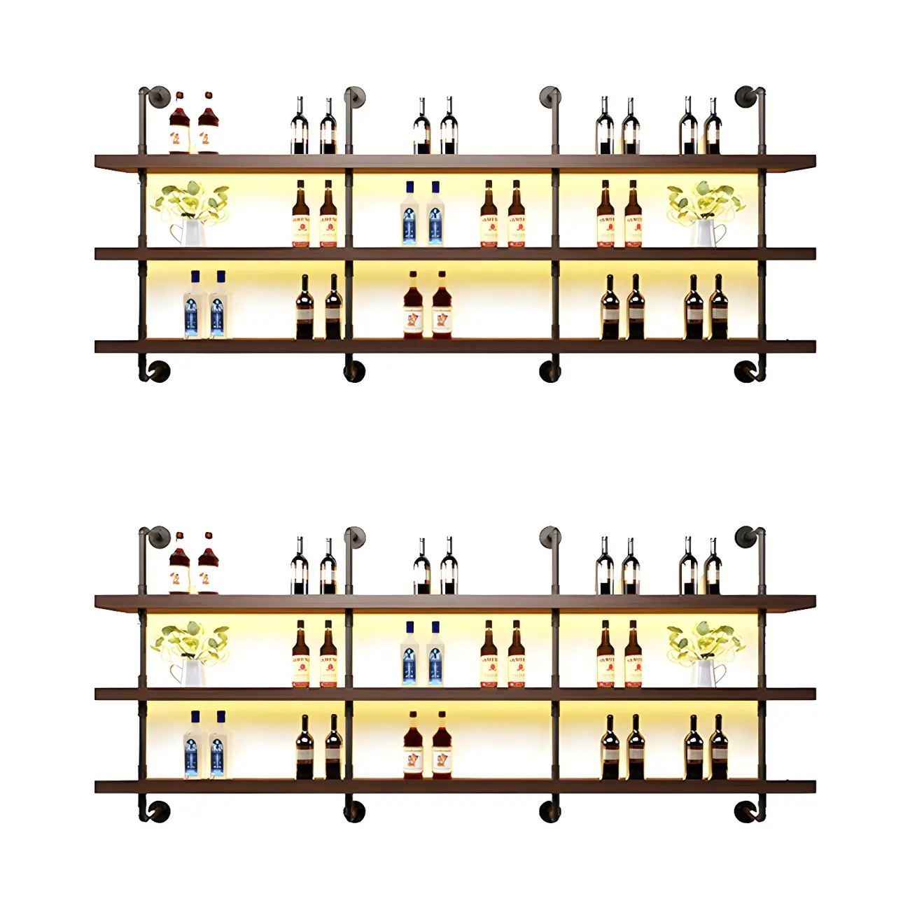 Brown Pine Wood Wall-Mounted Wine Rack with Light