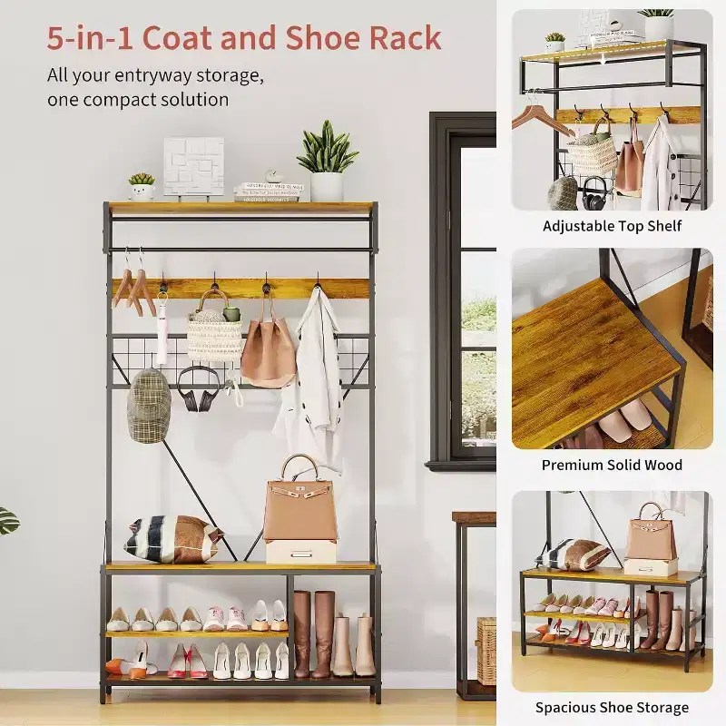 5-in-1 Hall Tree with Bench & Shoe Storage — 9 Hooks, Adjustable Shelf, 4 Colors