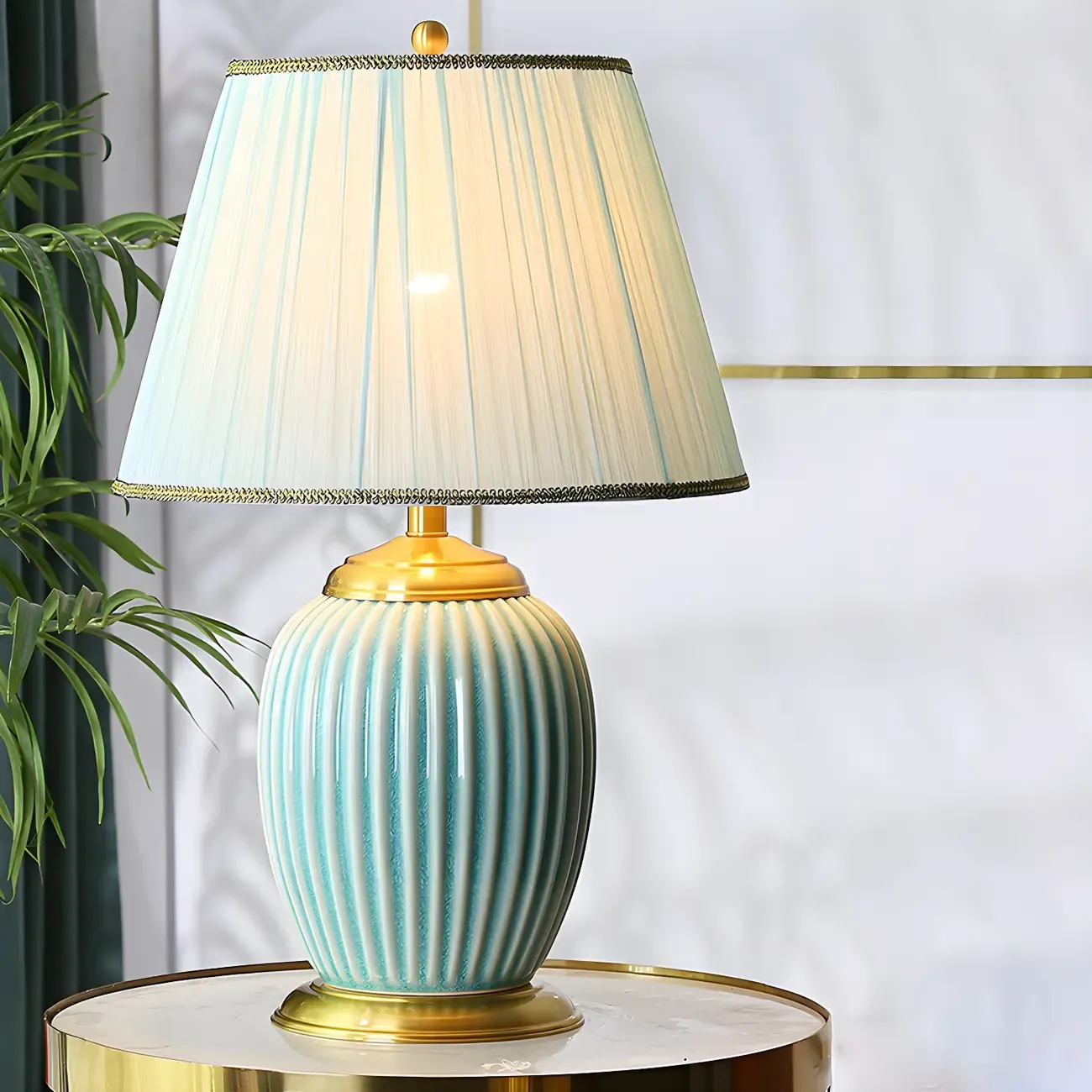 Plug-In Elegant Ceramic LED Table Lamp with Fabric Shade