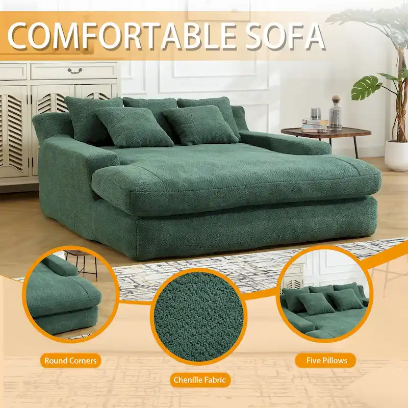 Chenille Upholstered 2-seater Deep Seat lazy sofa bed With 5 back pillows