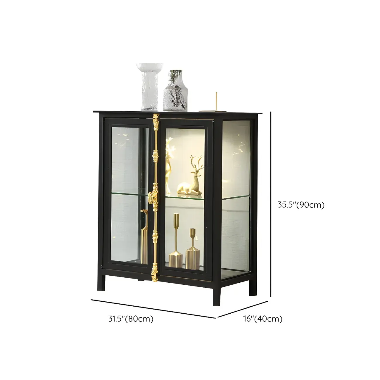 Black Metal Glass Shelves Display Cabinet with Lights