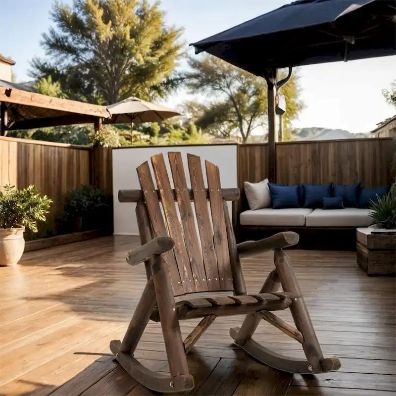 Outdoor Wood Rocking Chair with Slatted Seat and High Backrest