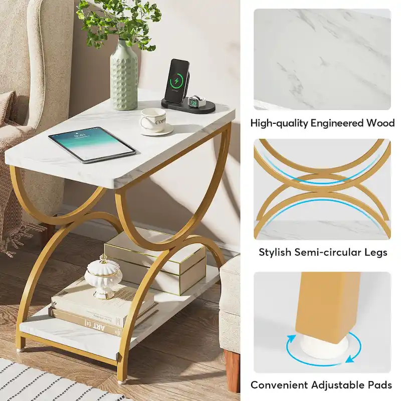 2-Tier Rectangular Wood Metal End Side Chairside Table