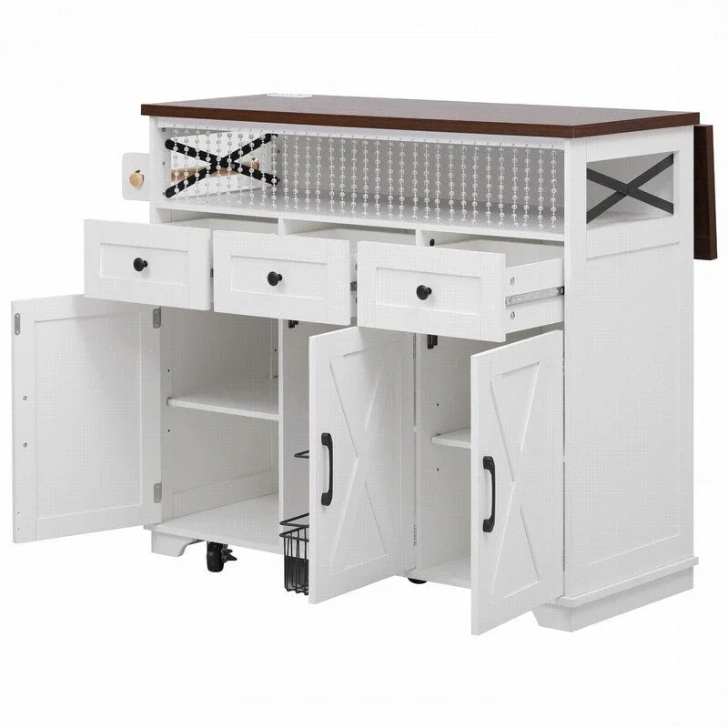 Farmhouse 46.5 Kitchen Island with Power Outlet, Rolling Kitchen Cart on Wheels with Drop Leaf