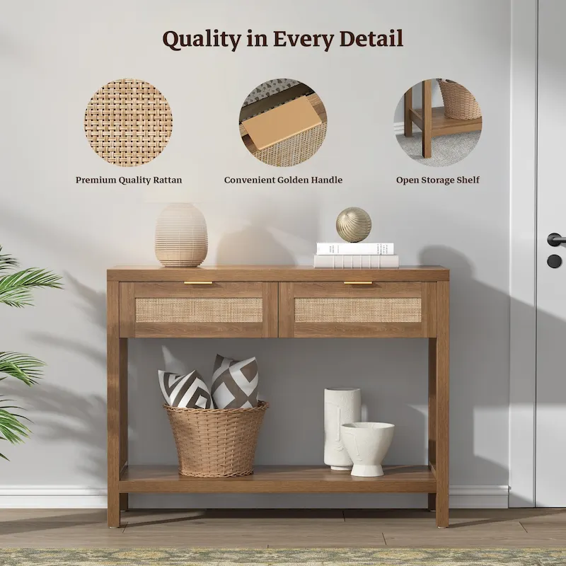 SICOTAS Rattan Console Table with 2 Drawers and Shelves - 30 x 39.4 x 13.8
