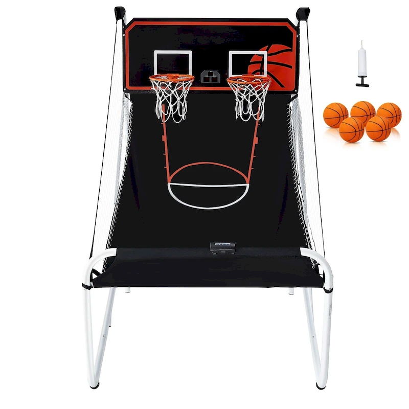 Foldable Basketball Arcade Game, 2 Player Indoor Basketball Game, Home Dual Shot Sport with 8 Game Modes, and Inflation Pump