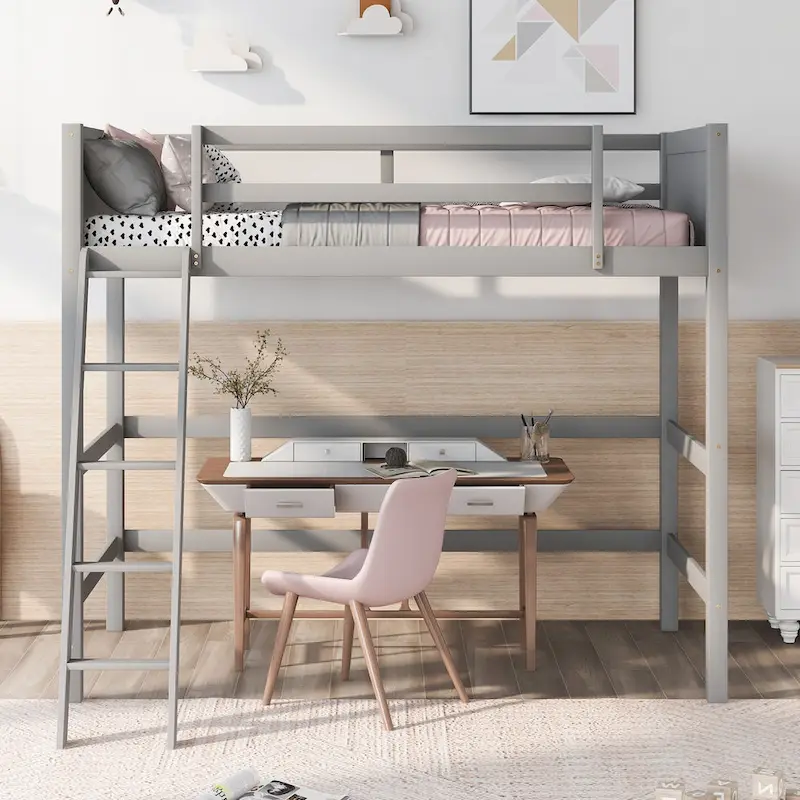 Gray Twin Size Solid Wood Loft Bed with Ladder and Fence