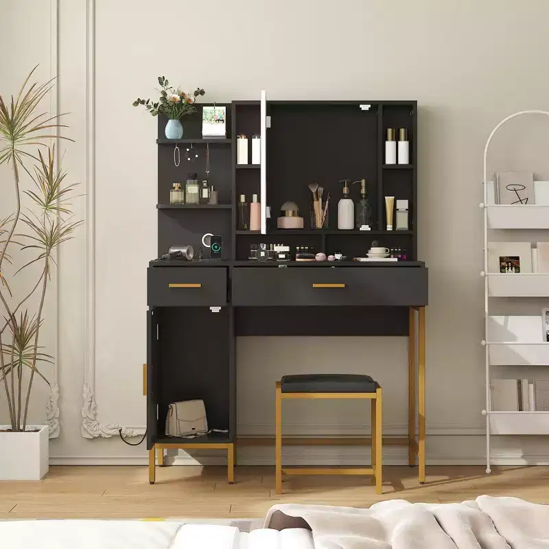 COZONY Vanity Table with Lighted Mirror & Charging Station  Makeup Vanity with Stool, Drawers & Cabinet for Bedroom