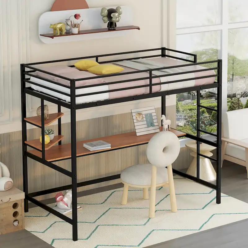 Black Twin Size Metal Loft Bed with Desk, Ladder, and Shelf for Kids