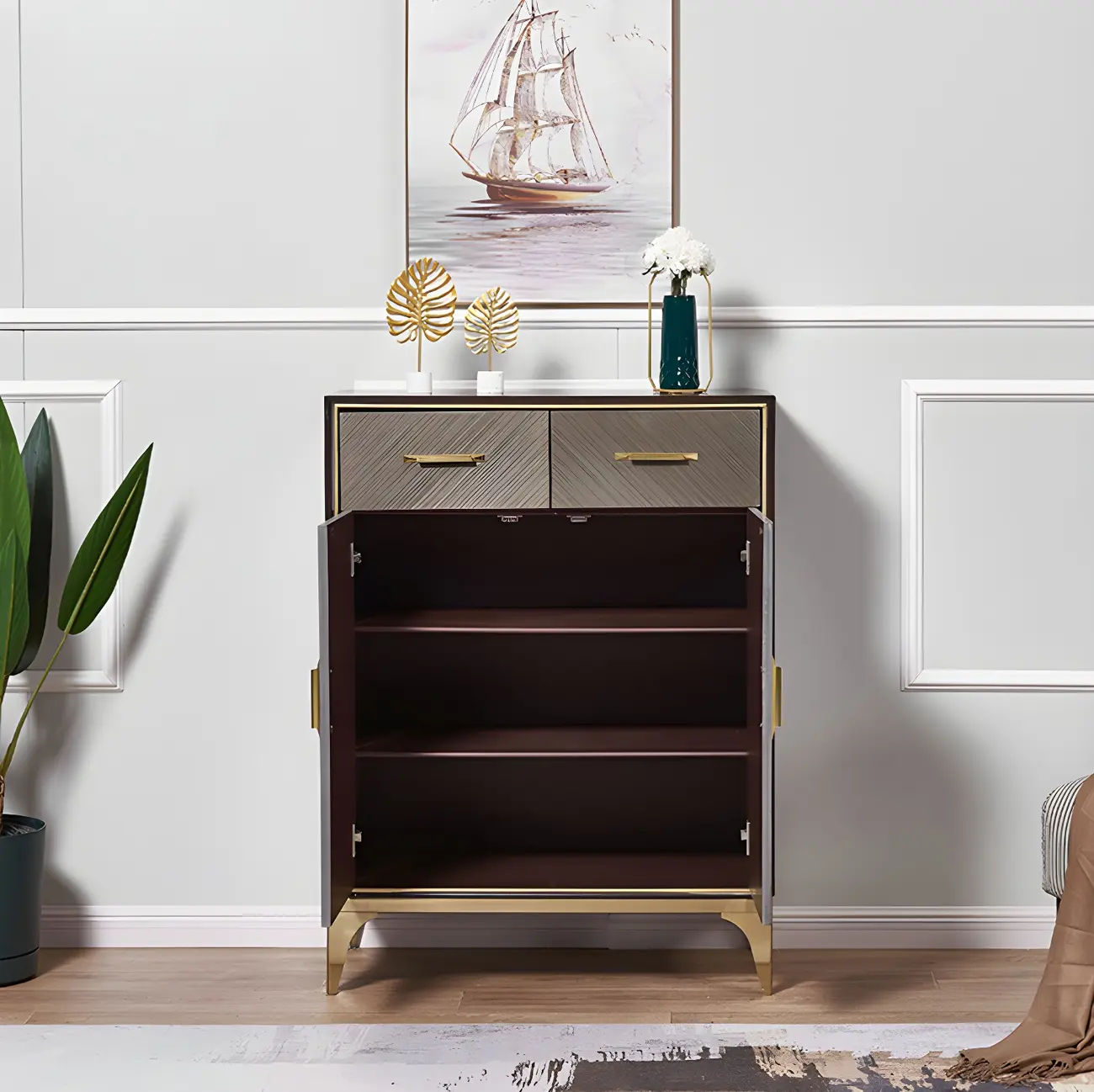Glam Wooden Sideboard with Drawers & Adjustable Shelves